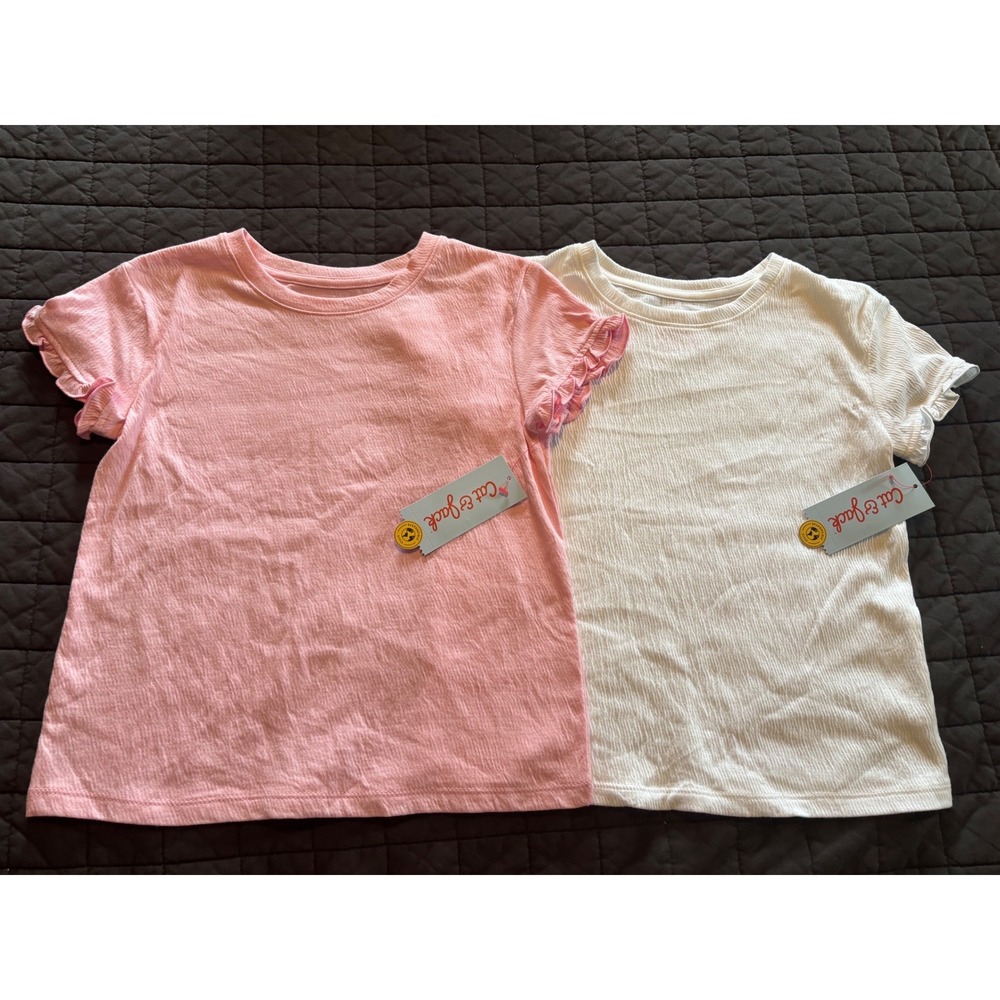 Cat & Jack Girls 2 Pack Ruffle Sleeve Ribbed T-Shirts Pink White NWT